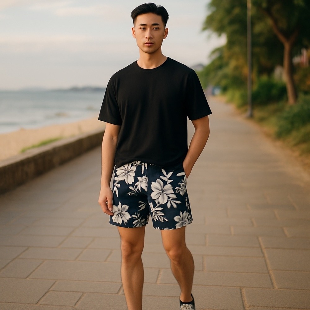 Mens Islander Floral Swim Trunks Medium Navy Blue White Beach‎ Shorts